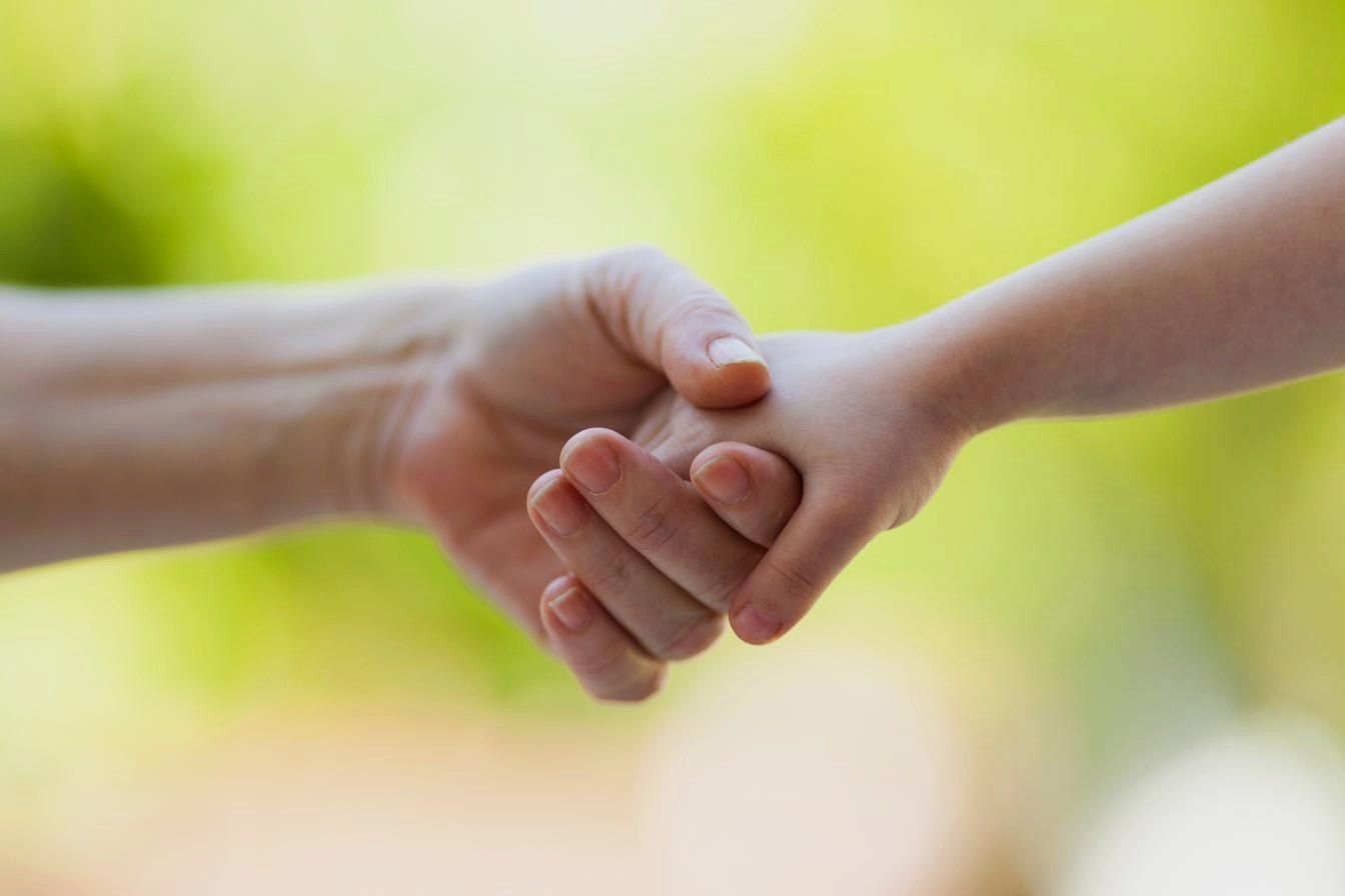 A parent holding a child's hand